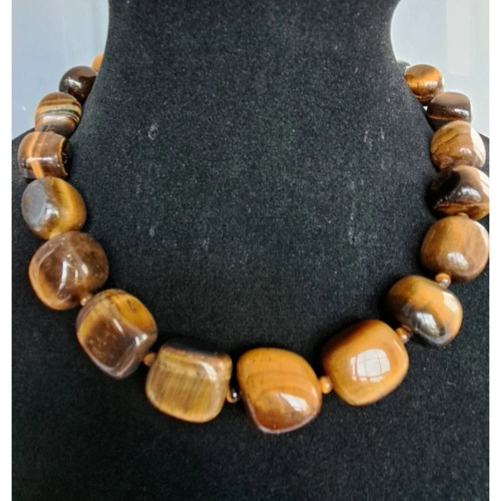 Fashion Jewelry Gemstone Tiger's Eye Beaded Necklace Sterling Silver Clasp